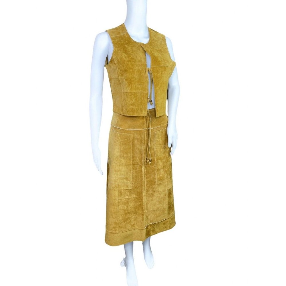 Wilsons Maxima Brown Suede Patchwork Skirt Vest 2 pc Skirt Suit Size 10 Medium